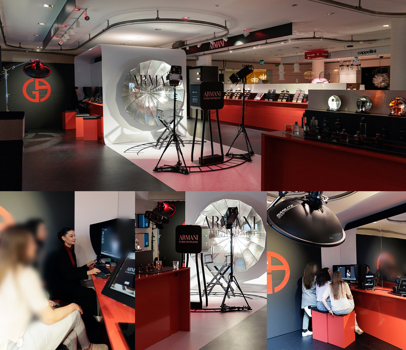 Consumer journey overview showing the five-step experience: makeup session, portrait shoot, live retouch and instant QR delivery.