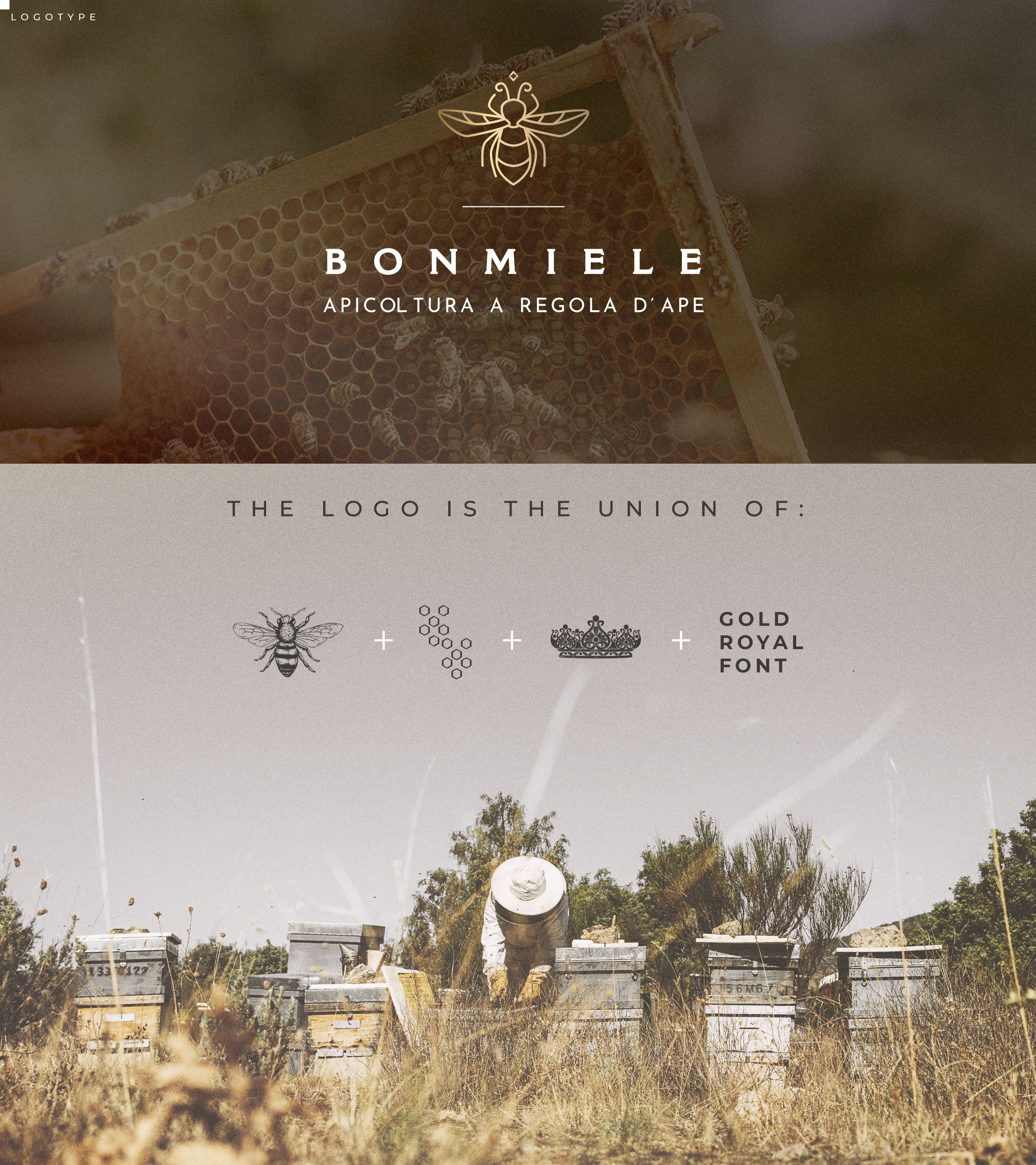 Bonmiele brand identity — beehive with bees, logo design and beekeeper in the field