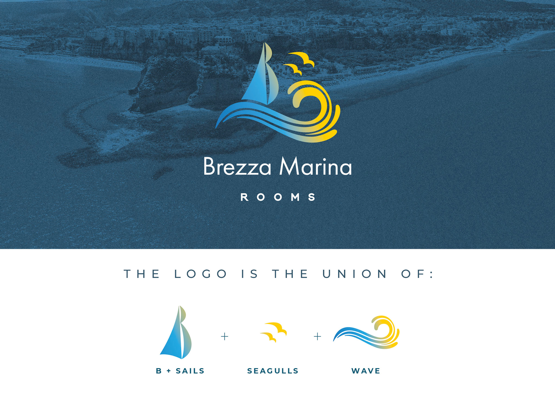 Brezza Marina Rooms logo design featuring sailboat, seagulls and wave elements