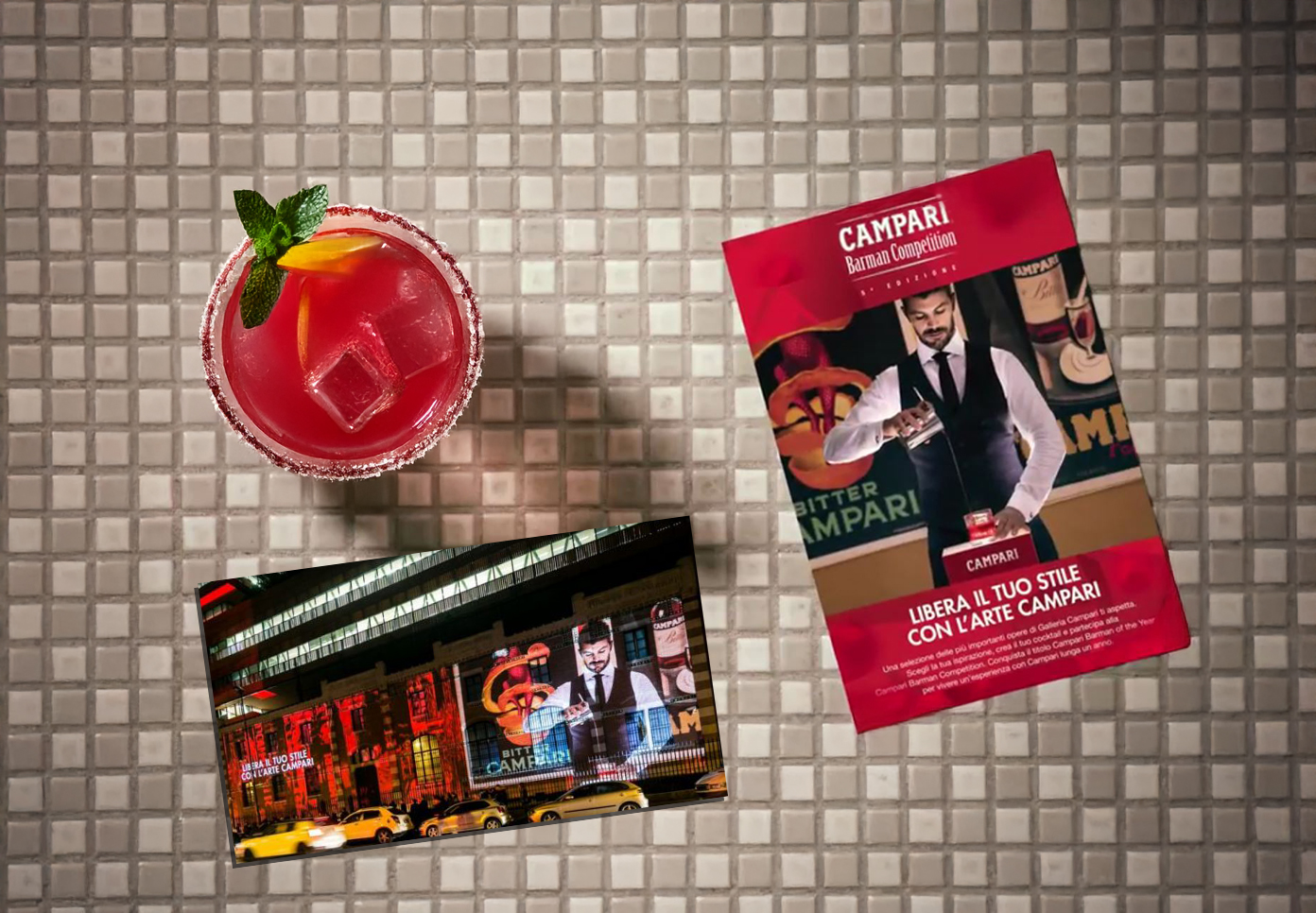 Campari Barman Competition promotional materials including cocktail shot, brochure and large-scale urban digital billboard.