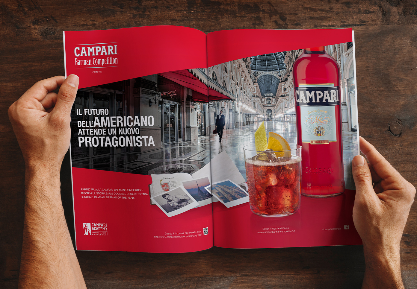 Campari Barman Competition magazine spread showing campaign visual with Campari bottle and Americano cocktail.