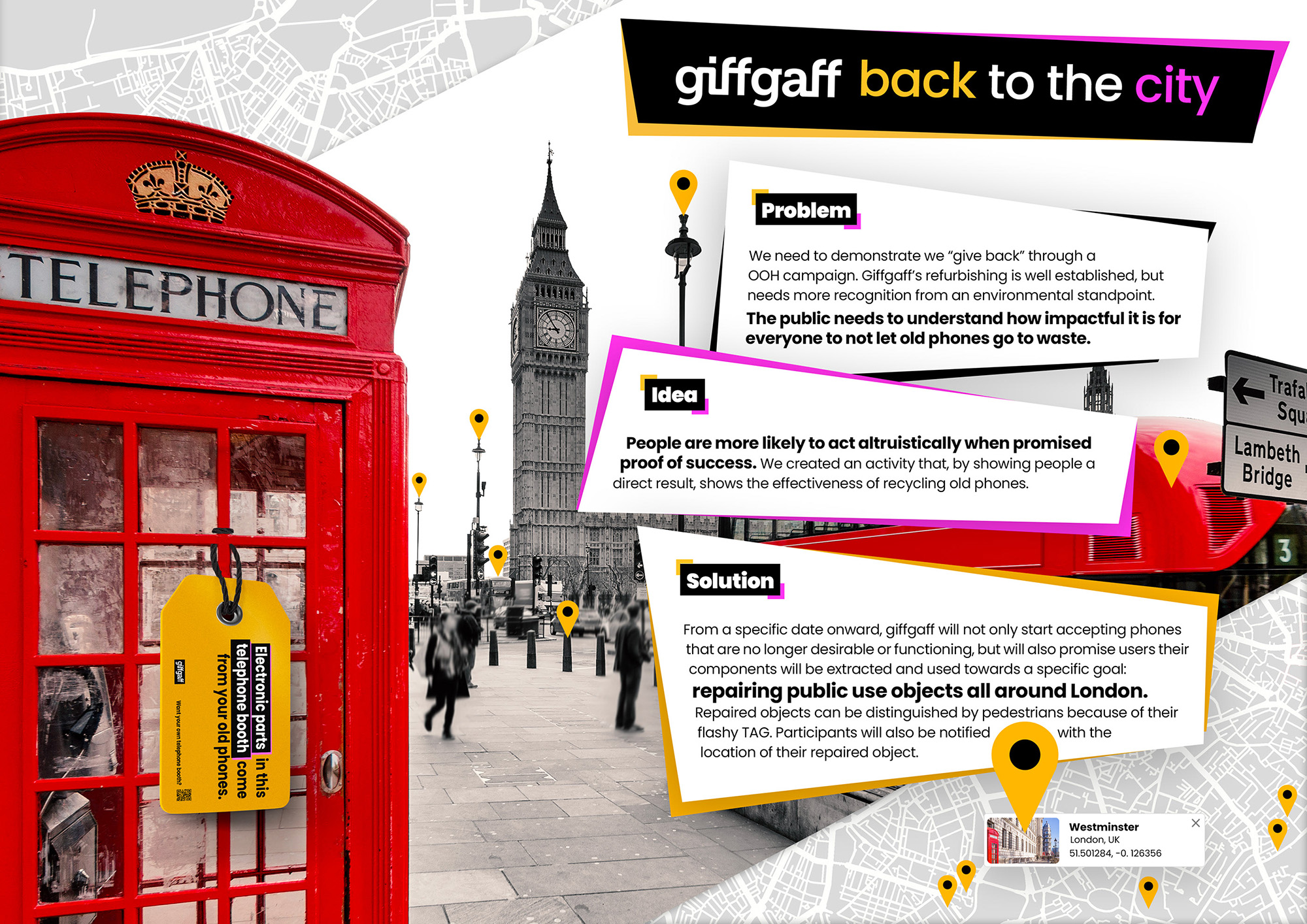 Campaign key visual featuring the 'giffgaff back to the city' headline over a city map background with multiple tagged urban locations.