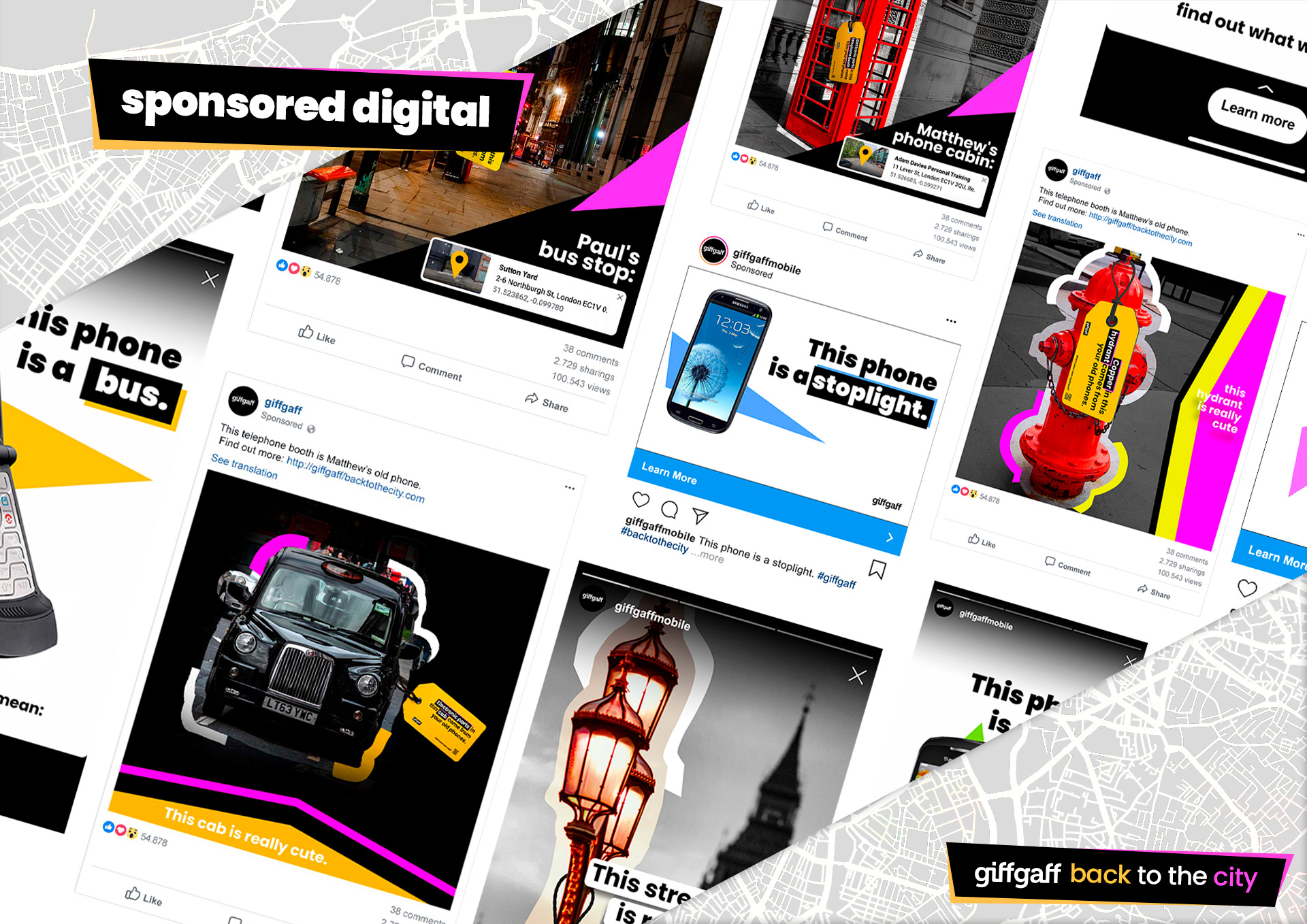 Collage of user-generated social media posts featuring people interacting with tagged urban objects in London as part of the recycling campaign.