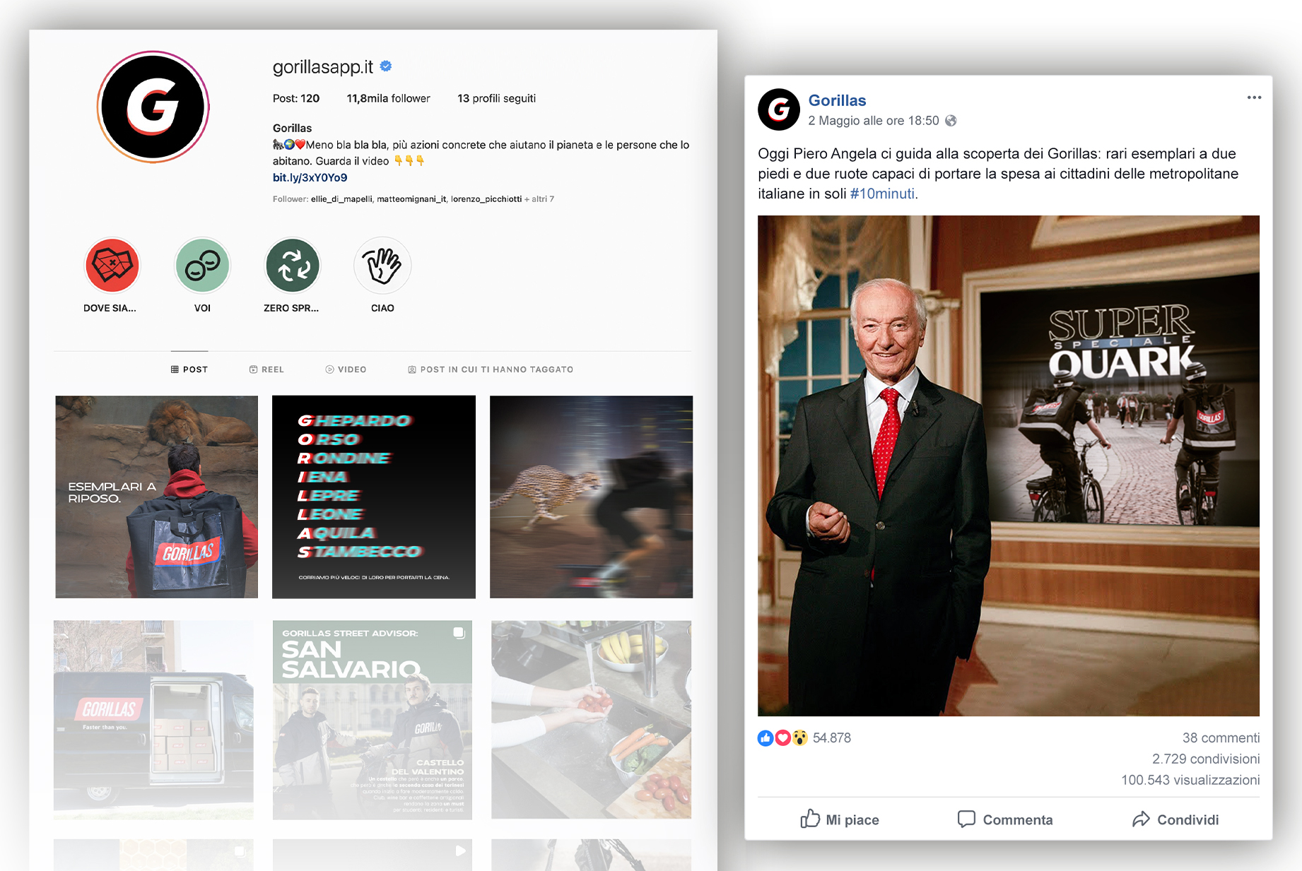Gorillas social media campaign featuring Instagram grid mockups and a Super Quark-inspired Facebook post.