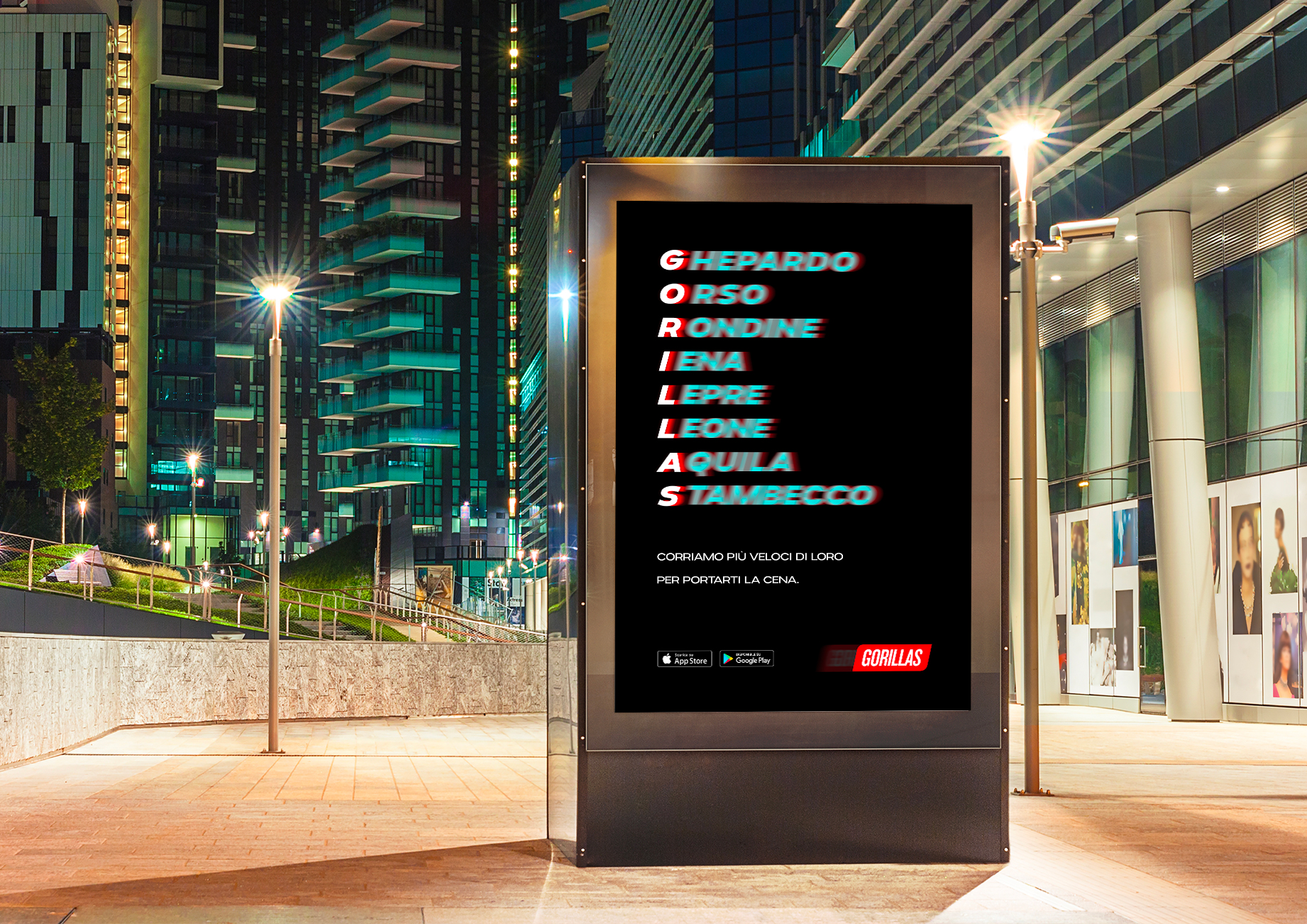 Gorillas outdoor billboard in Milan with glitch typography listing fast animals and a delivery speed claim.