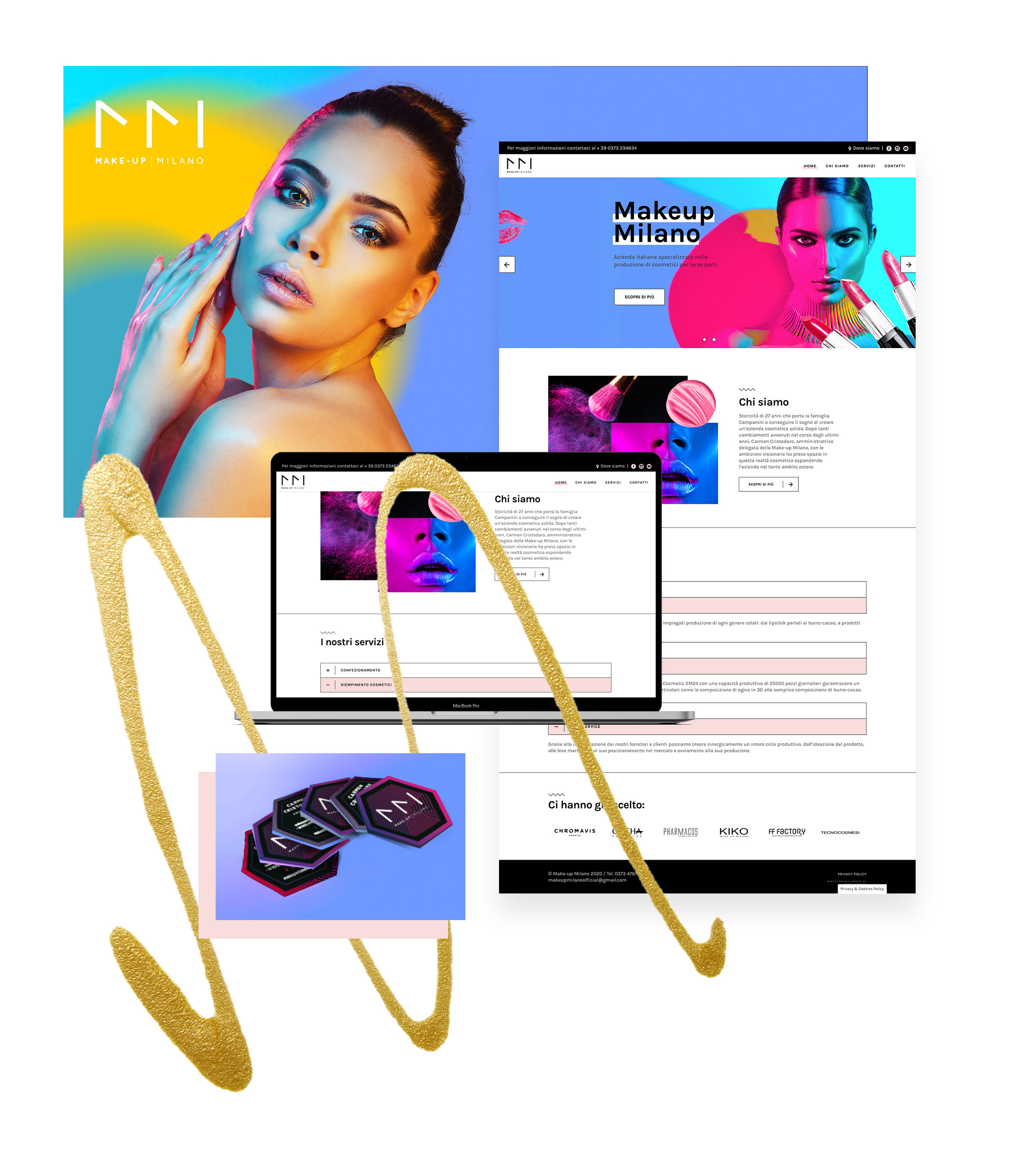 Make-Up Milano brand identity visual with model and logo