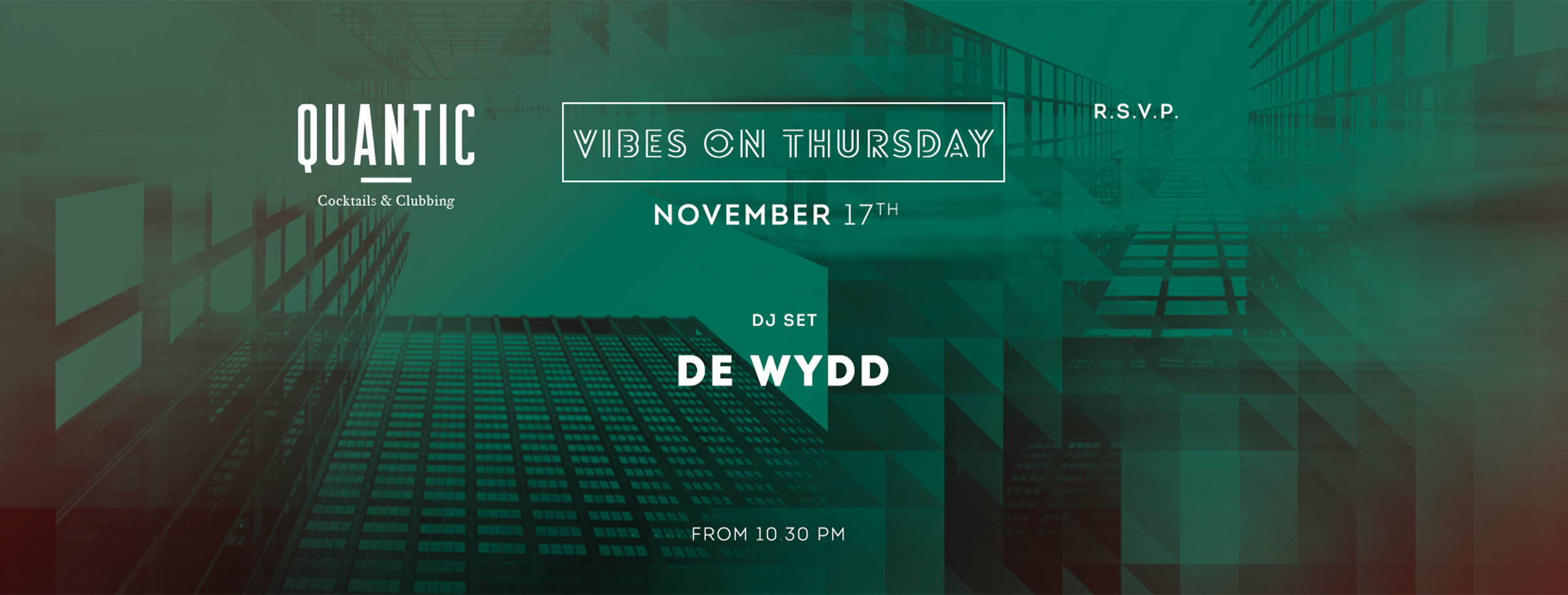 Social media visual system for Quantic Milano showing event poster design with bold uppercase typography, green overlay aesthetic and structured layout.