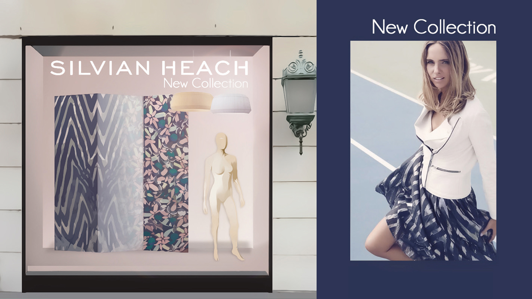 Silvian Heach window display concept featuring modular panels and mannequins for seasonal showcases.